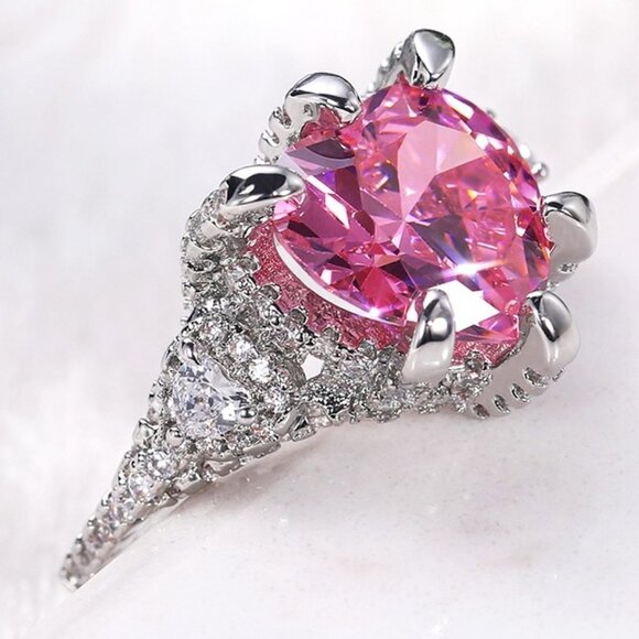 💥Pink Heart CZ Anillos Shiny Diamonds Silver Plated Heart Ring for Women, L117 - Picture 2 of 8